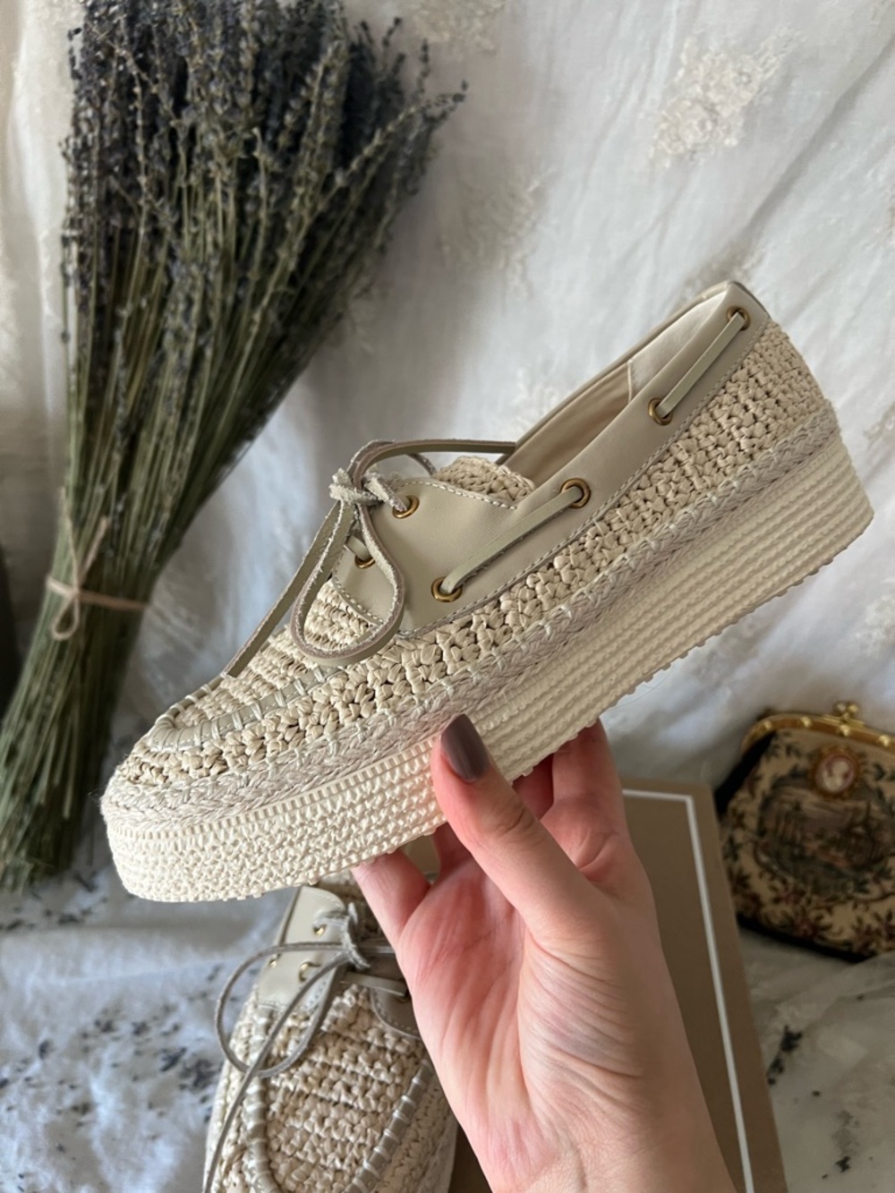 Dolce Vita Platform Raffia Lace-Up Loafer in Oatmeal